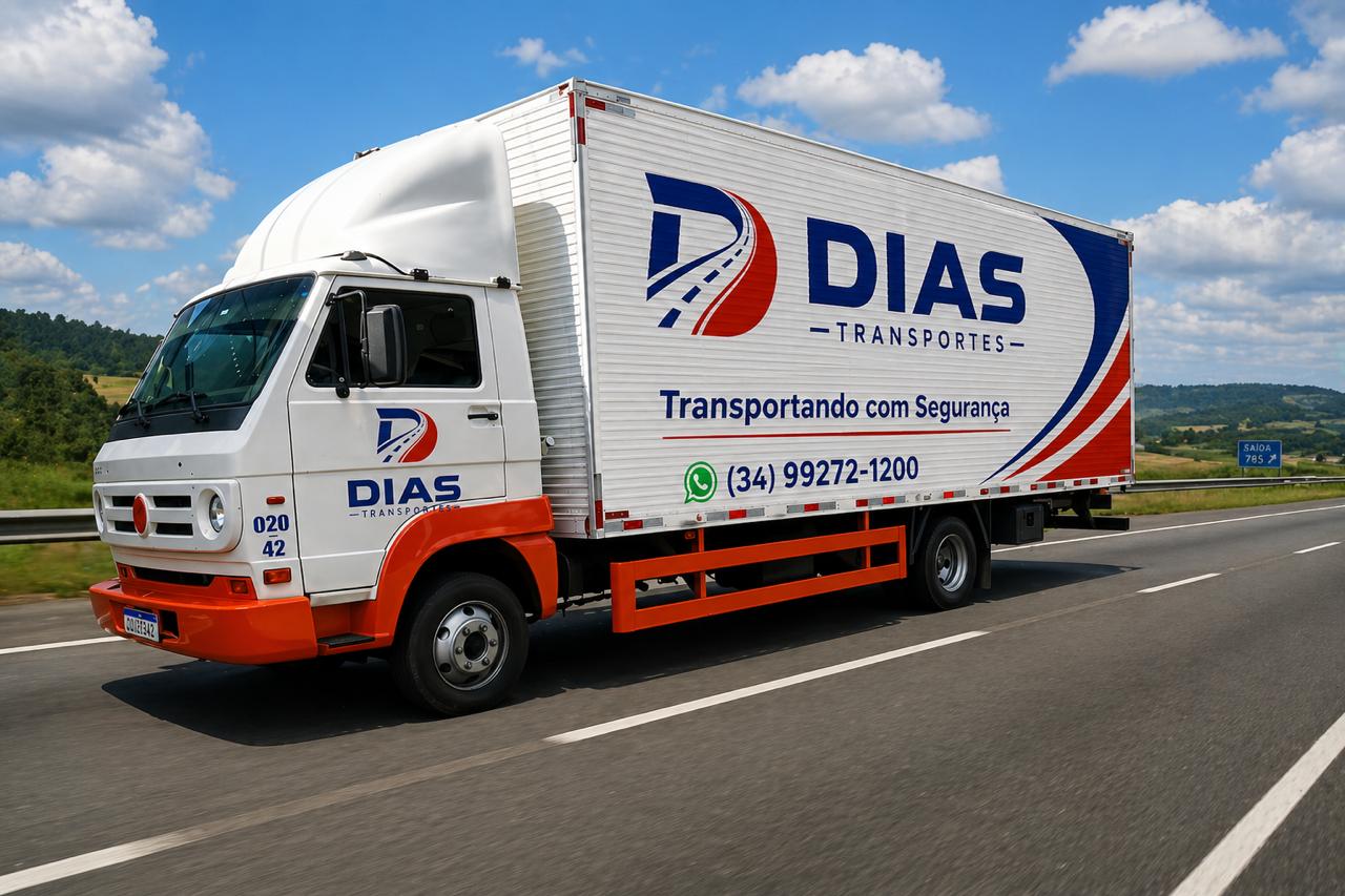 Caminhão baú da Dias Transportes na estrada